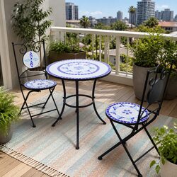 Durable 3 Piece Bistro Set with Blue White Design