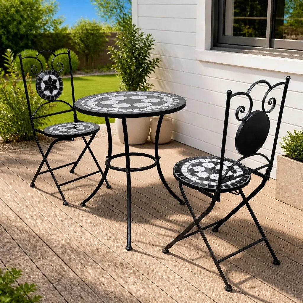 3 Piece Bistro Set Outdoor Furniture Ceramic Tile Table and Chairs Black