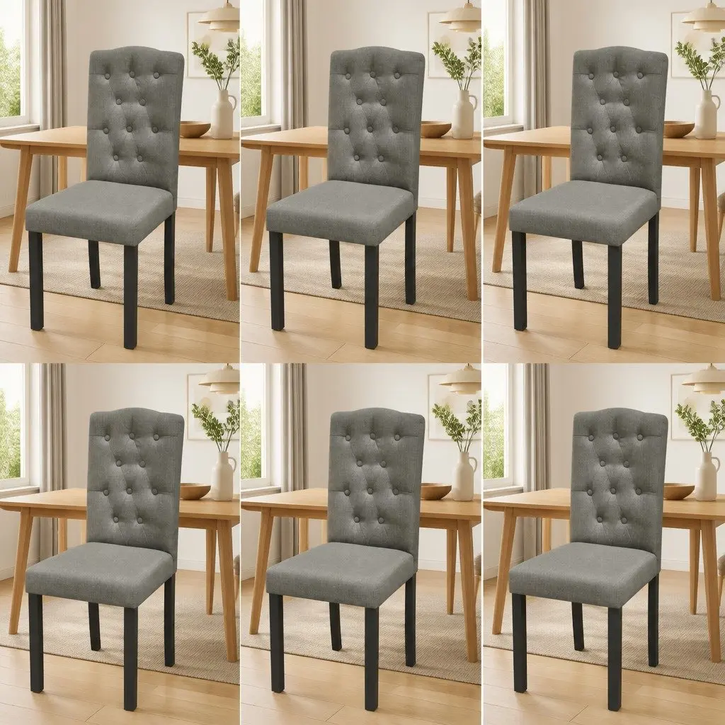 Dining Chairs Set of 6 Ergonomic Grey Fabric Kitchen Room Seat with Wooden Legs