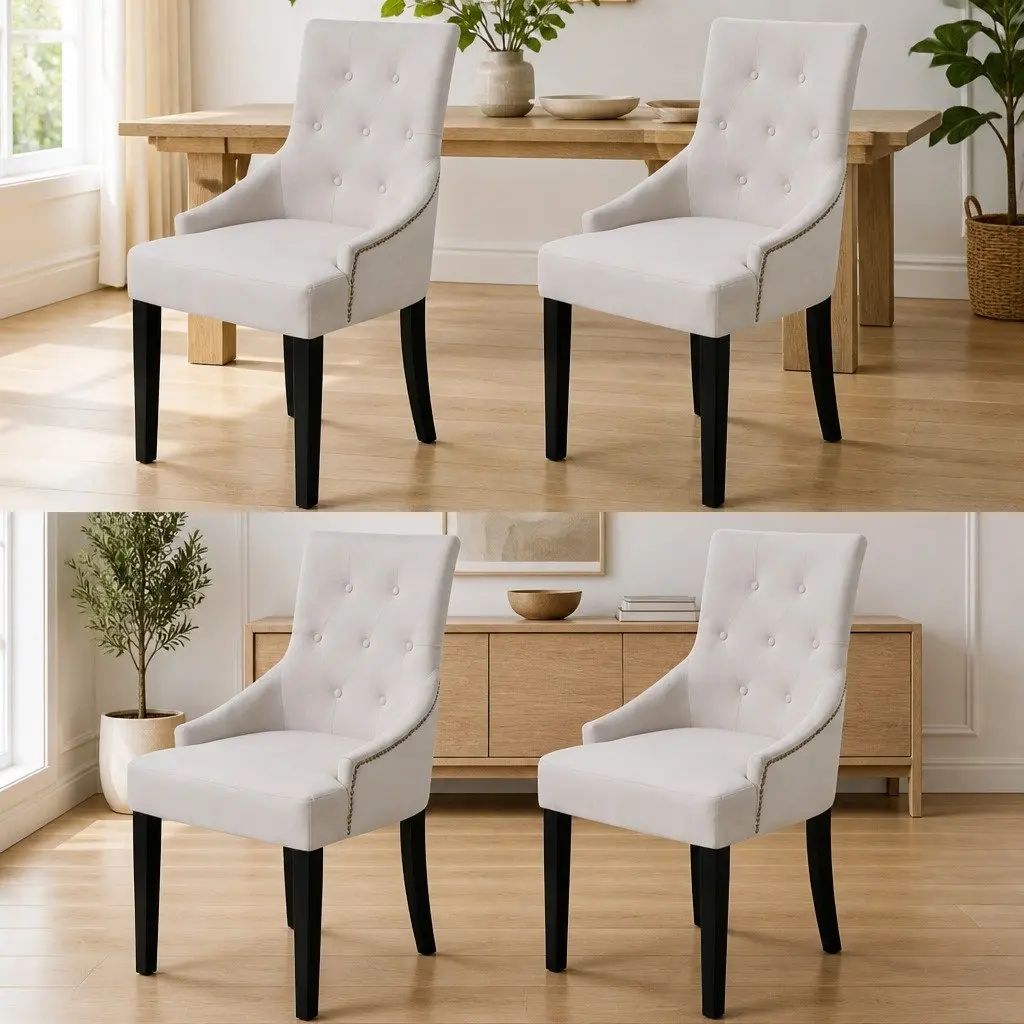 4 Piece Cream Fabric Dining Chairs with Armrests Padded Backrest for Kitchen and Living Room