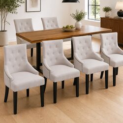 Affordable Comfort: Set of 6 Cream Fabric Dining Chairs with Armrests
