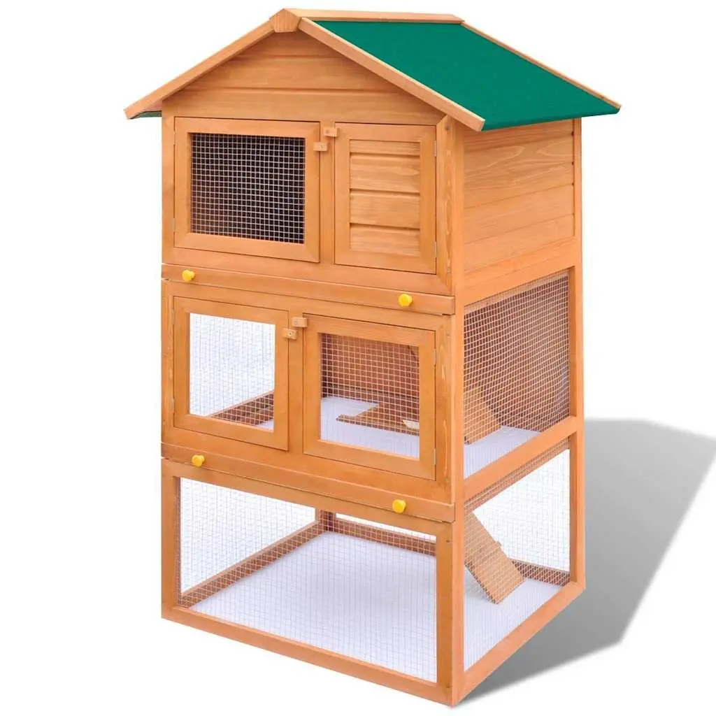 Wooden Rabbit Hutch Outdoor Multi Level Enclosure 3 Layer Brown