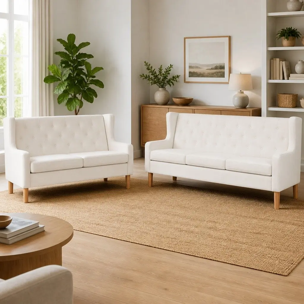 Fabric Sofa Set 2 Pieces White Upholstered Living Room Couch 2-Seater 3-Seater