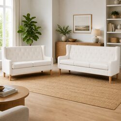 Fabric Sofa Set 2 Pieces White Upholstered Living Room Couch 2-Seater 3-Seater
