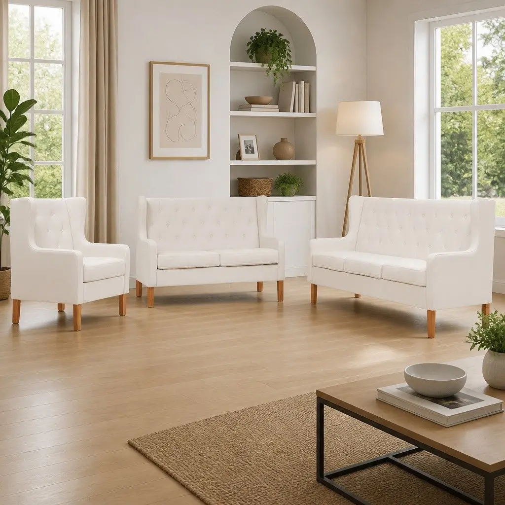 3-Piece Sofa Set Living Room Armchair 2-Seater 3-Seater White