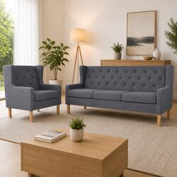 Grey Fabric Sofa Set 2 Pieces Armchair 3-Seater Living Room Lounge Suite