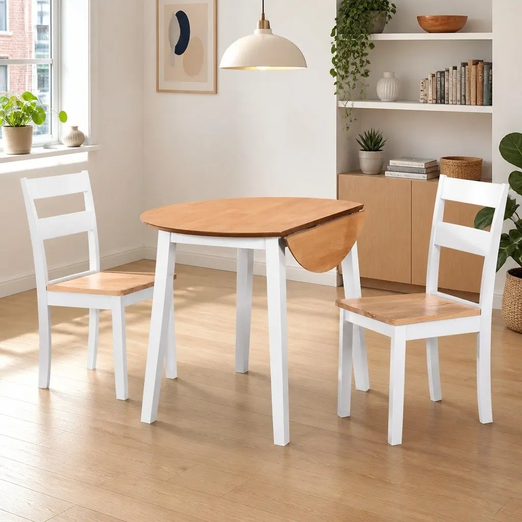 Dining Set 3 Pieces Drop-Leaf Table Chairs White Kitchen Furniture