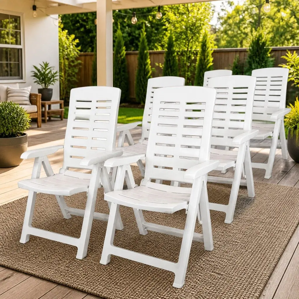 Reclining Garden Chairs Set 6 Piece Outdoor Plastic White Folding Patio Seating