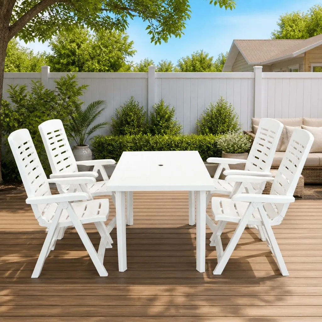 Outdoor Dining Set 5 Piece White Plastic Table Chairs Folding Reclining