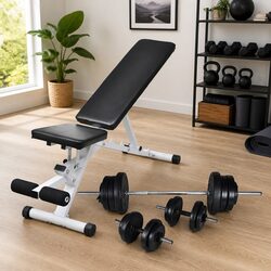 Workout Bench with Adjustable Backrest Barbell Dumbbell Weight Plates Set 60.5kg