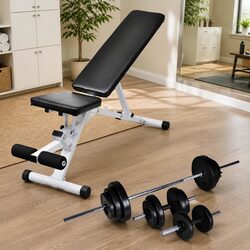 Workout Bench Barbell Dumbbell Weight Set 30.5kg Home Gym Adjustable Backrest