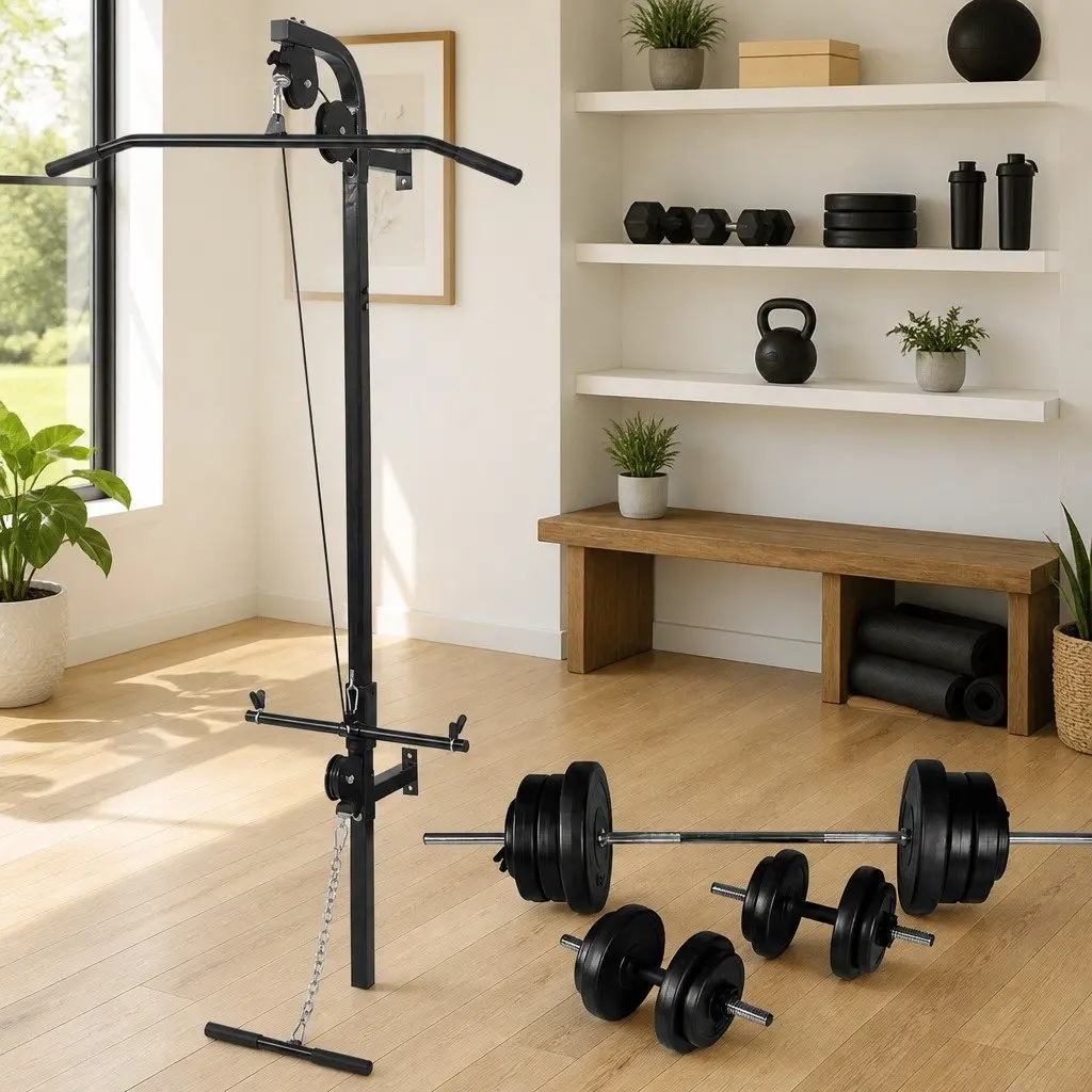 Wall-mounted Power Tower Home Gym Lat Pull-down Cable Machine Black