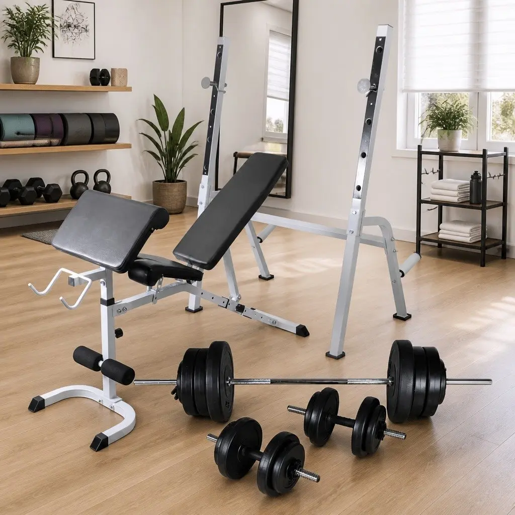Adjustable Workout Bench Barbell Dumbbell Weight Set Home Gym Equipment Black