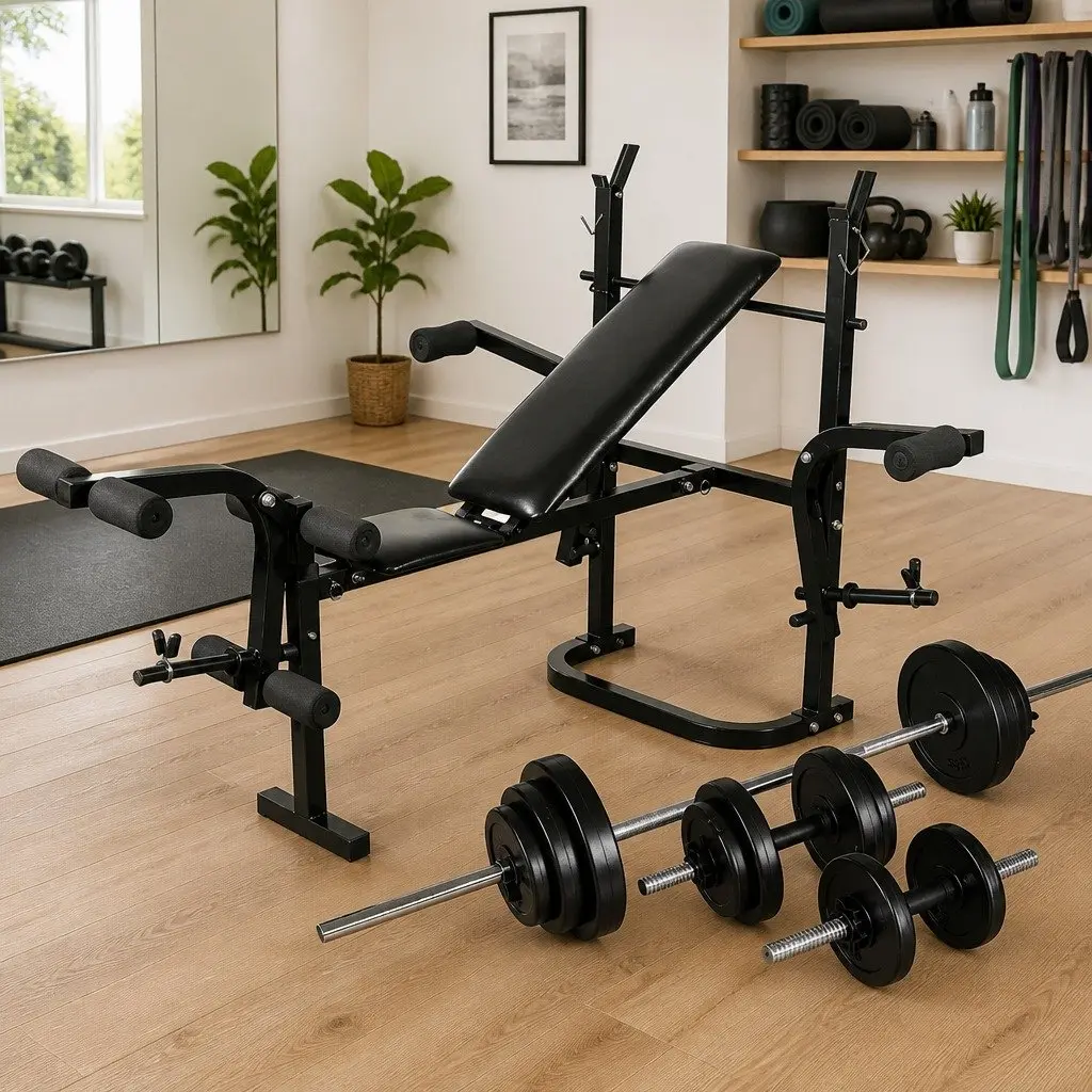 Weight Bench Barbell Dumbbell Set 30.5kg Folding Home Gym Exercise Fitness Black