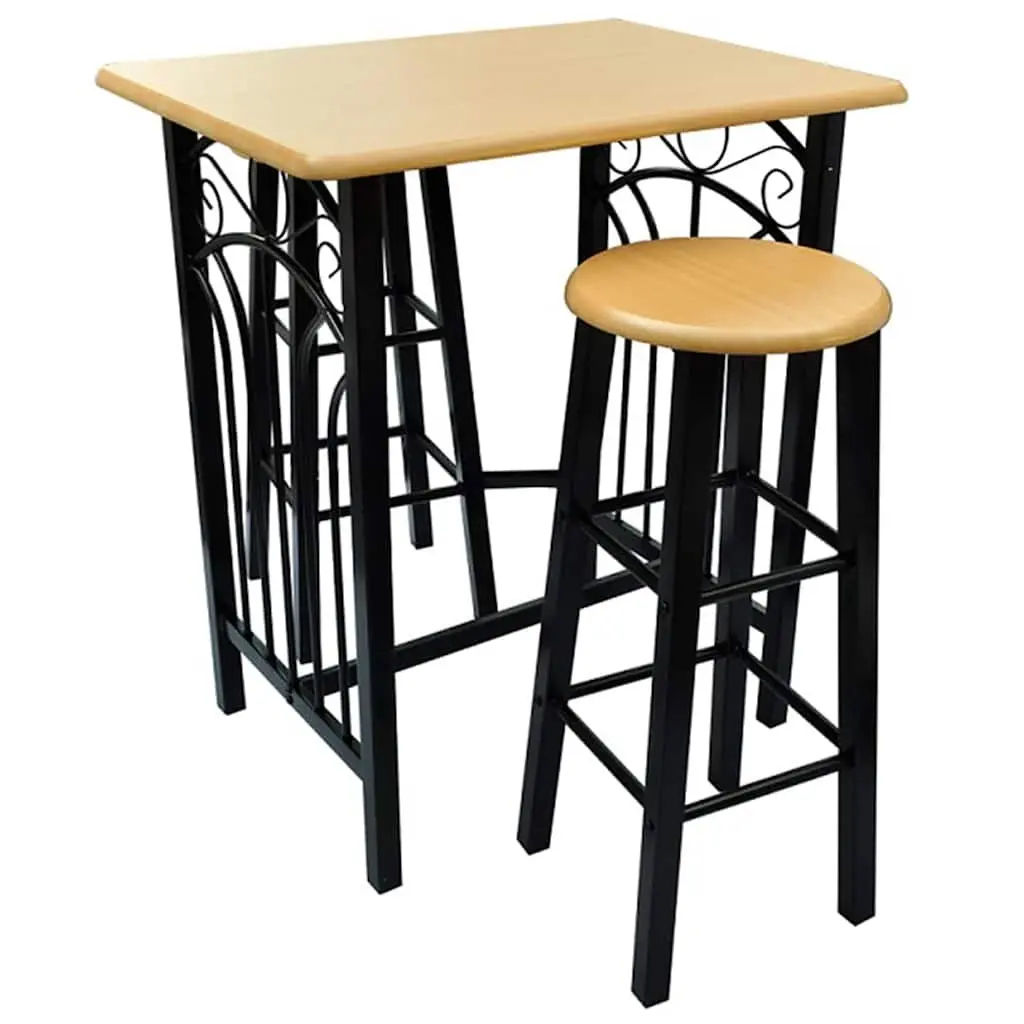 Bar Table and Stool Set Kitchen Dining Furniture 3 Pieces Brown Wood Steel
