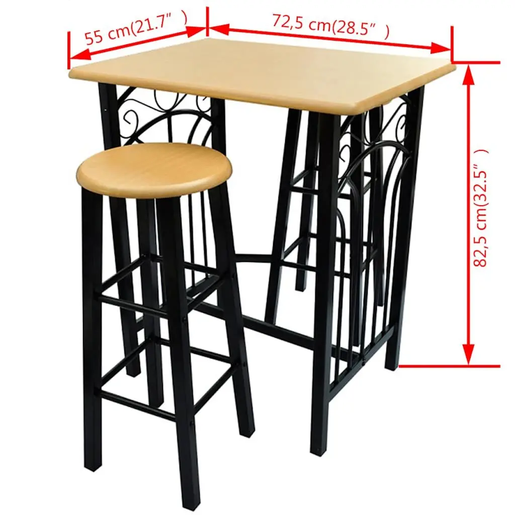 Bar Table and Stool Set Kitchen Dining Furniture 3 Pieces Brown Wood Steel