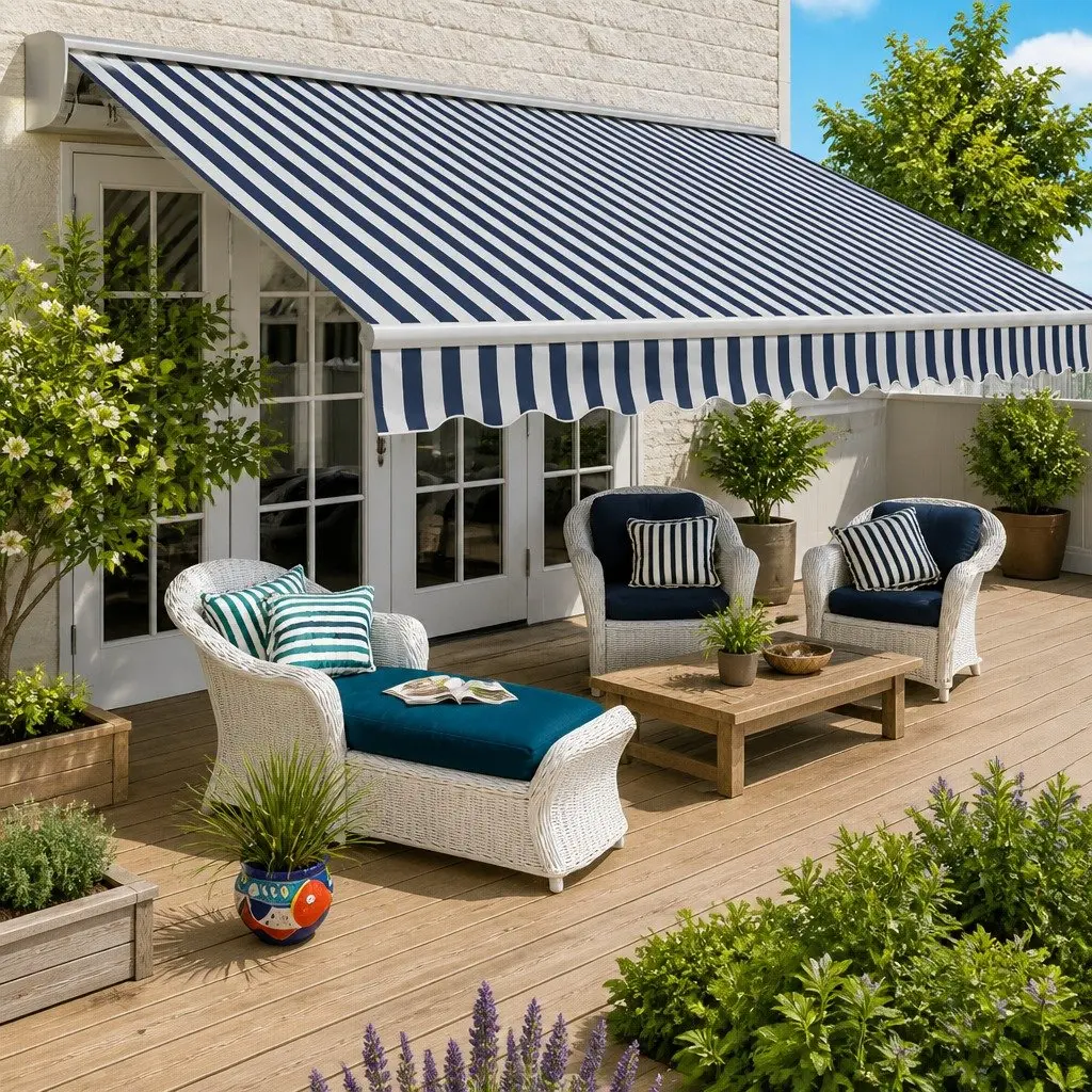Folding Awning Manual Garden Patio Shade Canopy 300cm Blue White