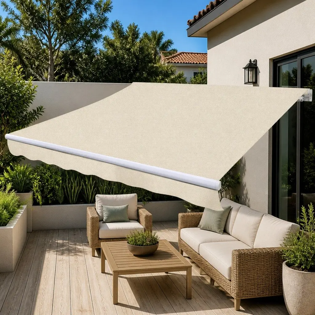 Folding Awning Manual Operation 300cm Outdoor Patio Garden Shade Cream