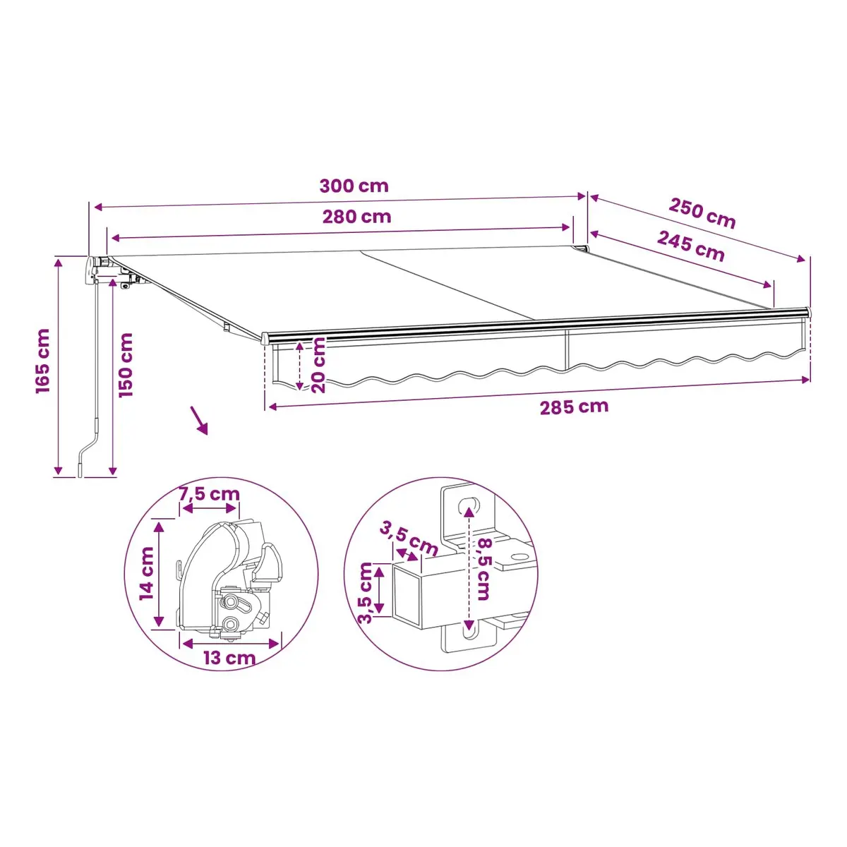 Folding Awning Manual Operation 300cm Outdoor Patio Garden Shade Cream