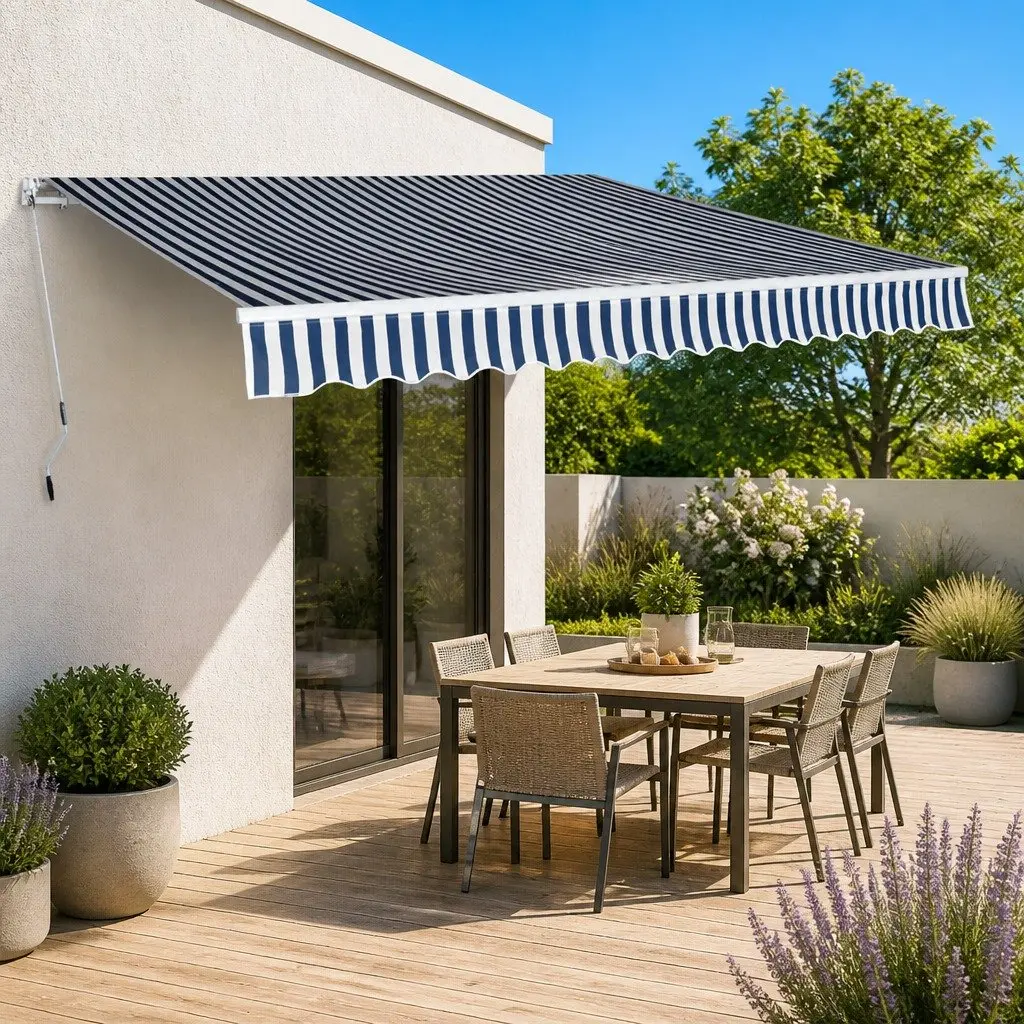 Folding Awning Manual Garden Patio Shade 400cm Blue White