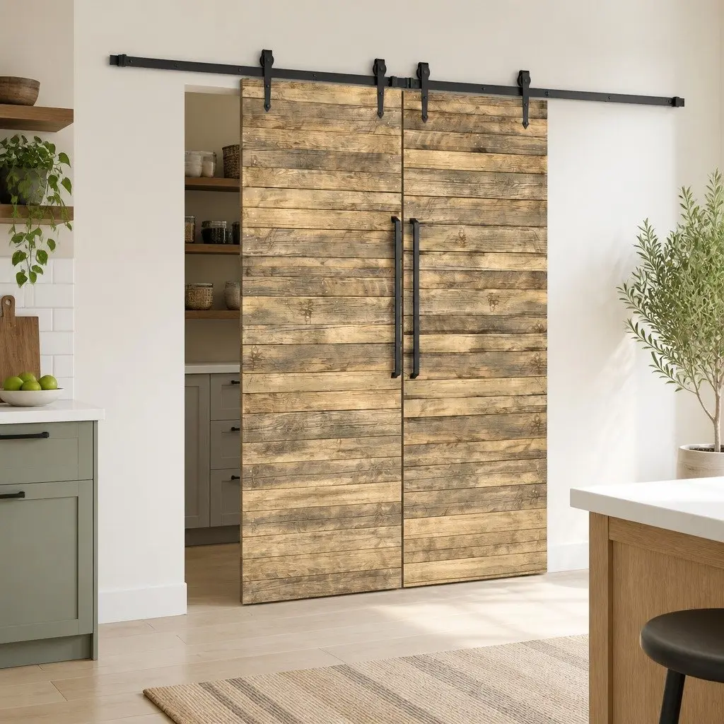 Sliding Door Hardware Kit Barn Door System 2x183cm Steel Track Rail Roller Black