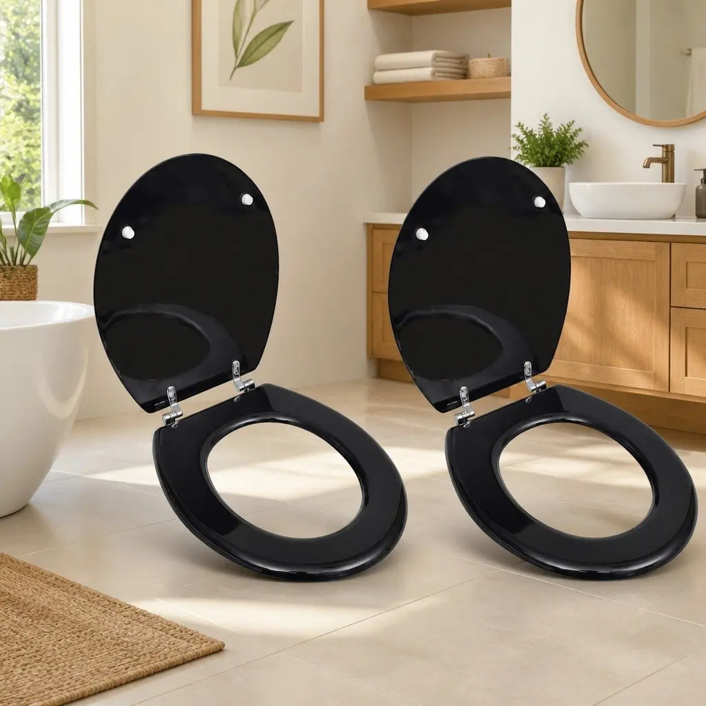 Toilet Seats with Lids 2 Pack Black Universal Bathroom Fixture Easy Install