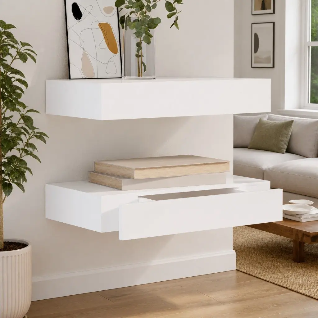 Wall Shelves with Drawer Storage 48cm White Set of 2 for Organizing and Displaying Items