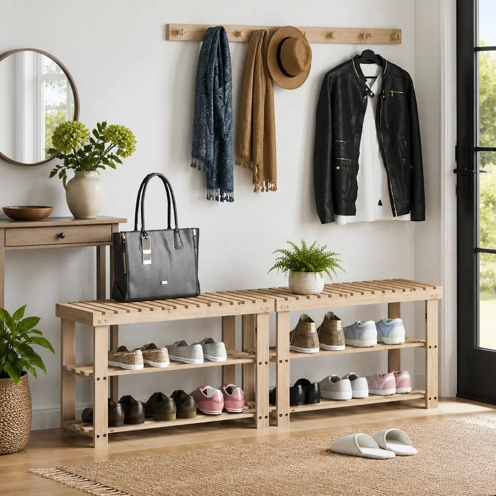Shoe Rack Bench Storage Organizer 2-in-1 Wooden Entryway Stand Brown