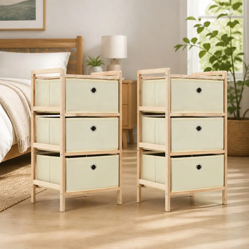 Storage Rack for Home Organiser 2 Pack with 3 Fabric Baskets Solid Wood Frame Beige