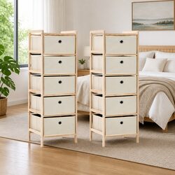 Storage Rack with 5 Fabric Baskets 2 Pack Beige Wooden Cabinet Organiser