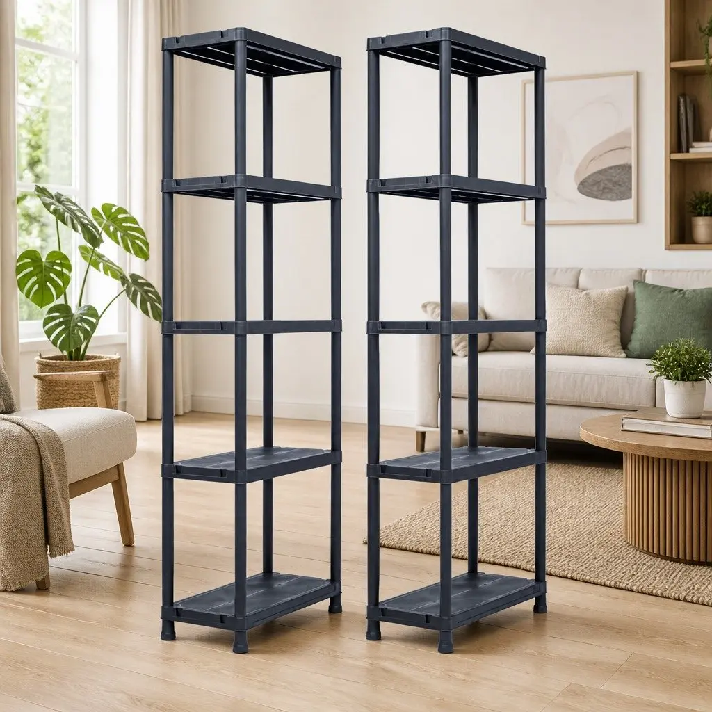 Storage Shelf Rack 2 pcs Black Plastic Shelving Unit Kitchen Bathroom Garage