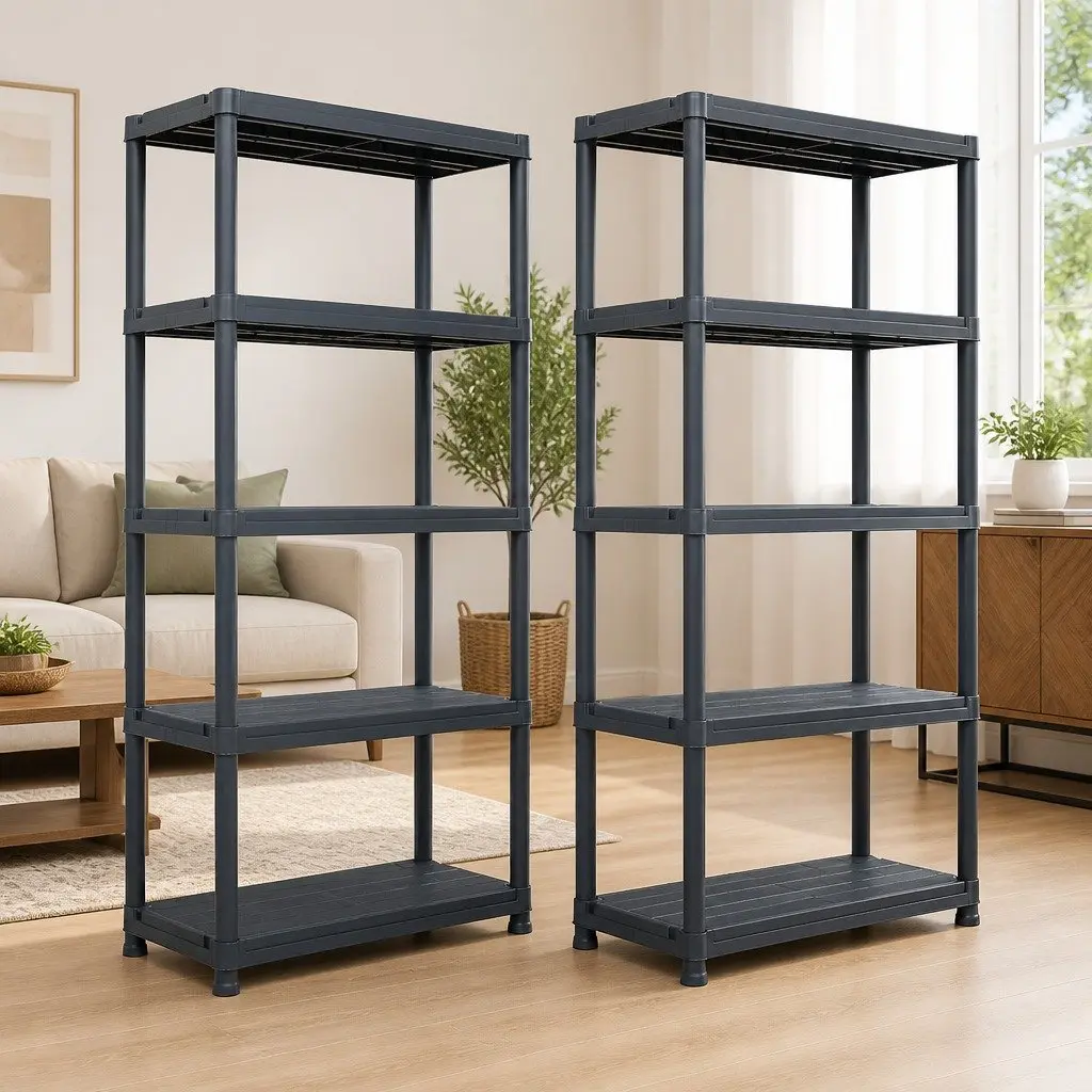 Storage Shelf Rack Indoor Outdoor Use 80x40x180cm Black Plastic 2 Pcs