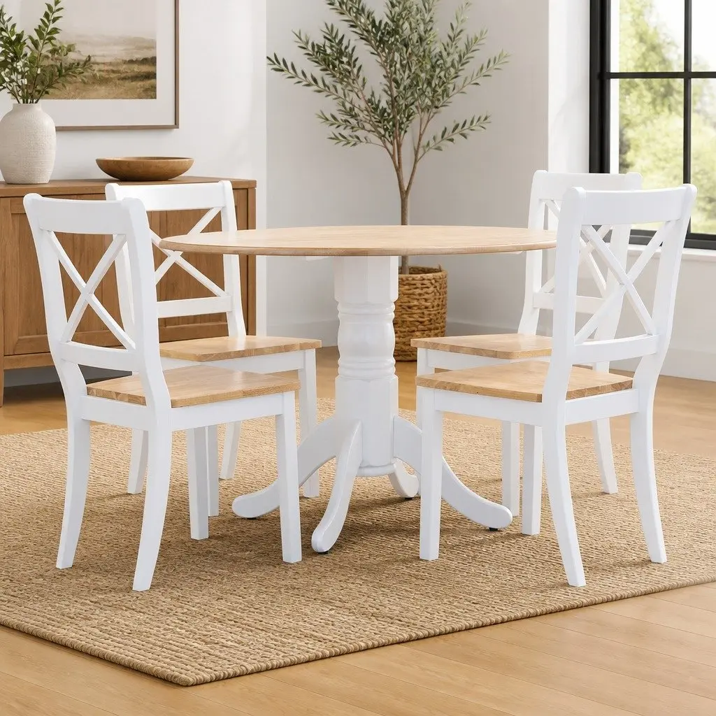 Dining Set White Kitchen Table 4 Chairs Solid Rubber Wood 5 Piece