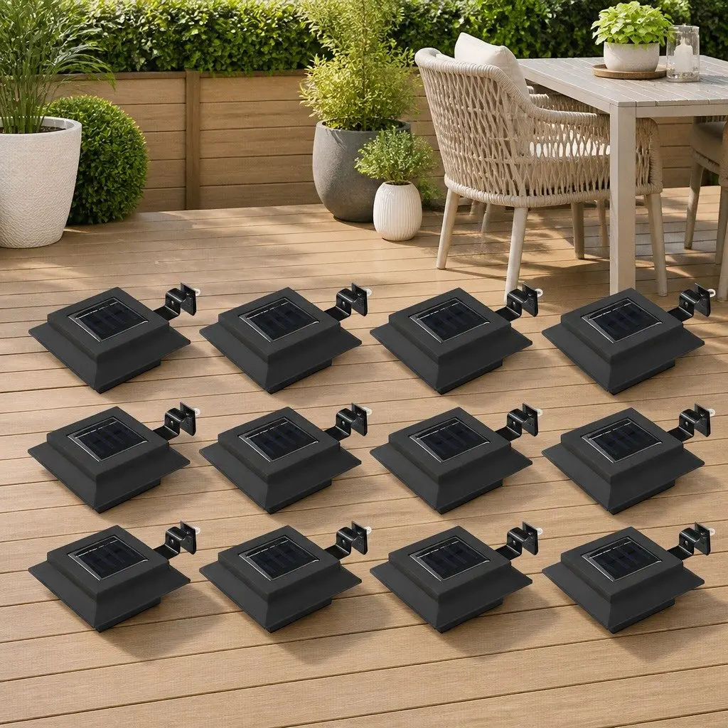 Solar LED Outdoor Lights 12 Pack Square 12cm Black Garden Fence Wall Lamps