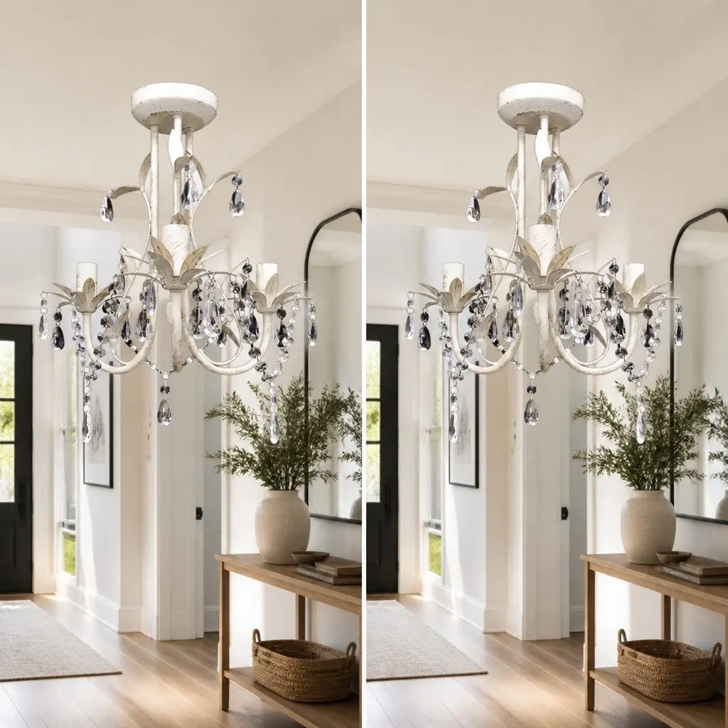 Crystal Pendant Ceiling Lamp Chandelier White Set of 2 Elegant Foyer Dining Room