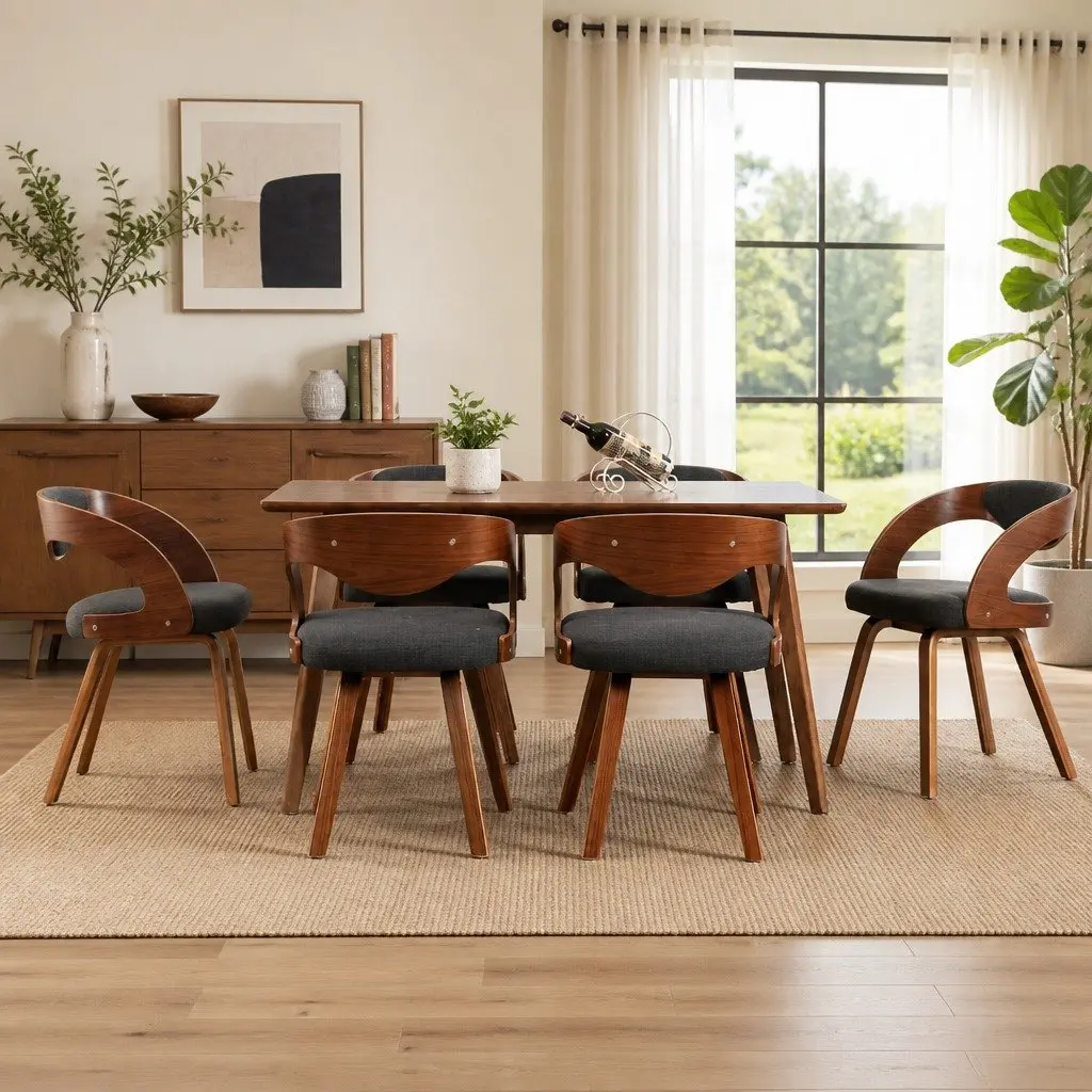 Dining Chairs 6 Piece Fabric Upholstered Grey Bent Wood Frame Kitchen Room Seating