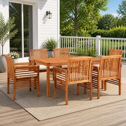 7 Piece Outdoor Dining Set Brown Solid Wood Acacia Table Chairs Cushions Patio