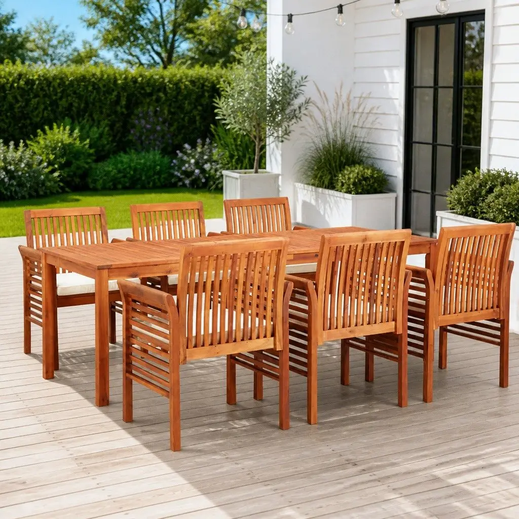 7 Piece Outdoor Dining Set Brown Acacia Table Chairs Cushions