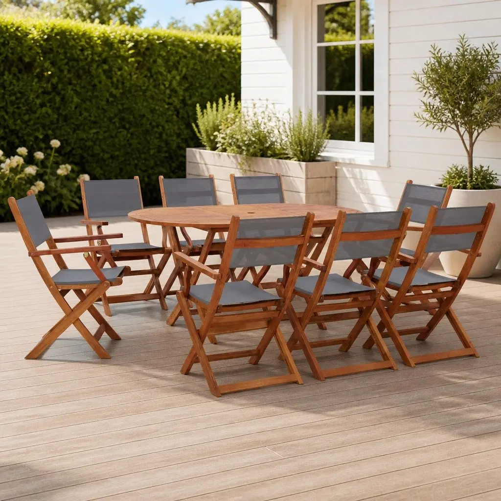 Folding Outdoor Dining Set Grey Eucalyptus Wood Textilene 9 Piece