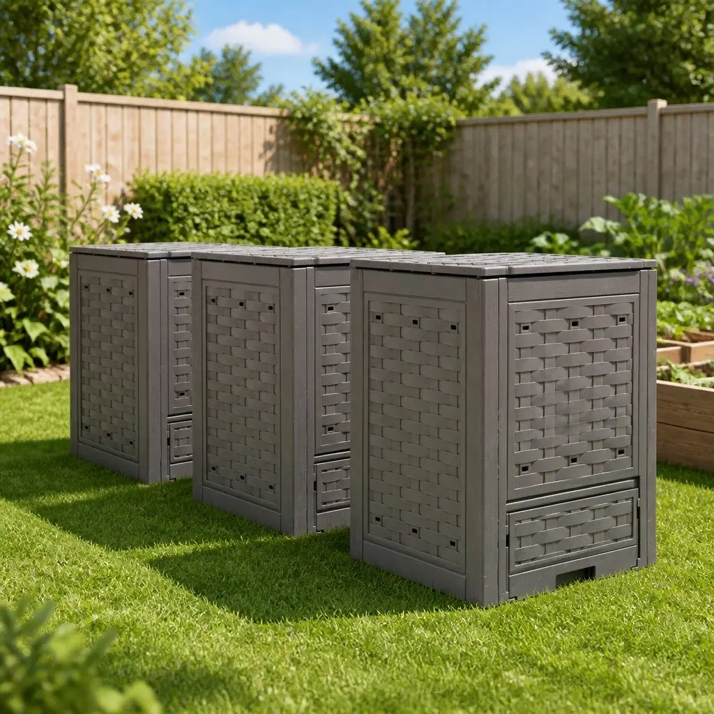 Garden Composters 3 Piece Organic Waste Collection 60x60x83 cm Brown Rattan Look Outdoor Bins
