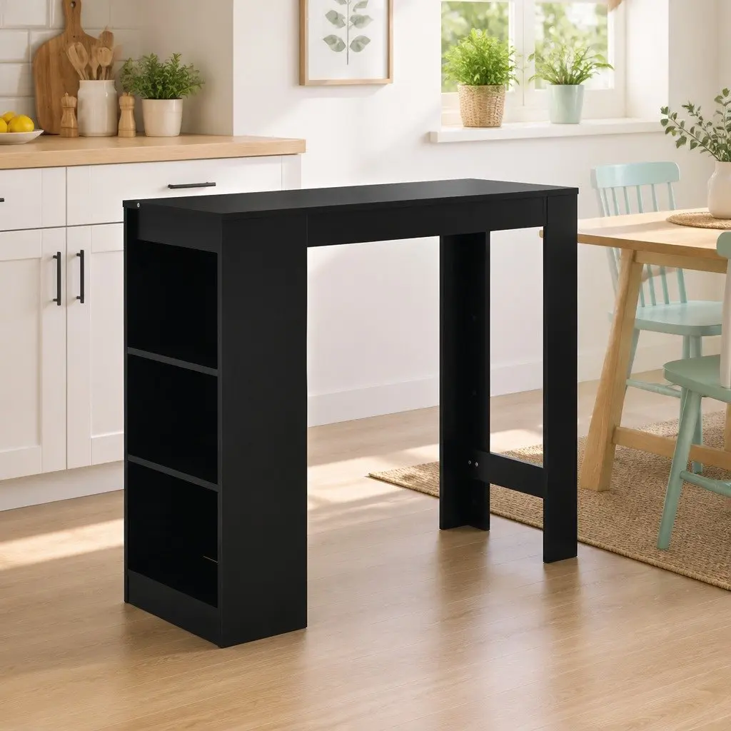 Bar Table Kitchen Dining Black 110x50x103cm with Storage Shelf