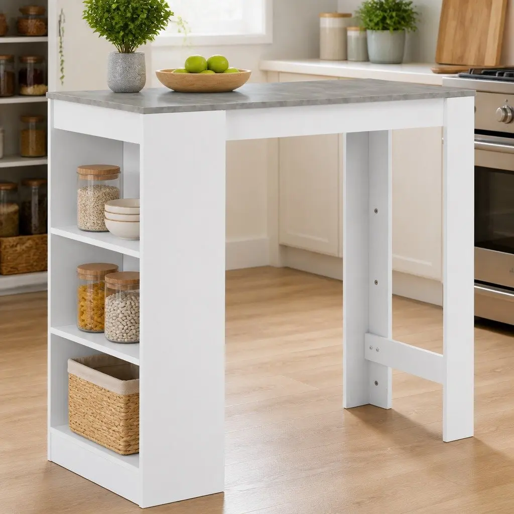 Bar Table with Storage Shelf White Kitchen Dining High Table Space-Saving Design