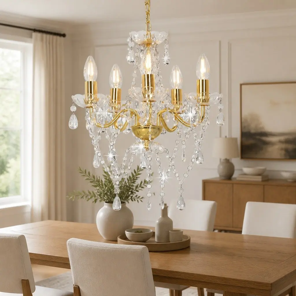 Golden Chandelier with Crystal Beads 5 x E14 Round Hanging Ceiling Lamp