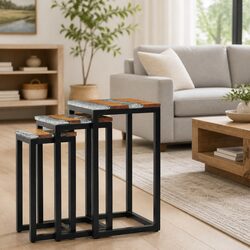 Nesting Tables 3 Piece Set Stackable Wood Glass End Table Accent Furniture