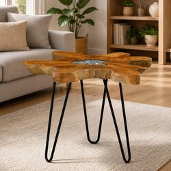 Coffee Table 70x45 cm Solid Teak Wood Polyresin Top Accent Living Room Furniture