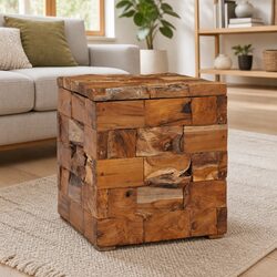 Storage Stool Solid Teak Wood Brown Compact Bedside Table Rustic Mosaic Design