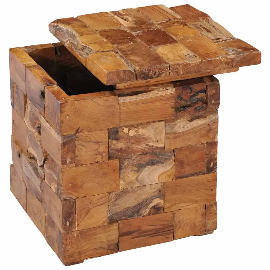 Storage Stool Solid Teak Wood Brown Compact Bedside Table Rustic Mosaic Design