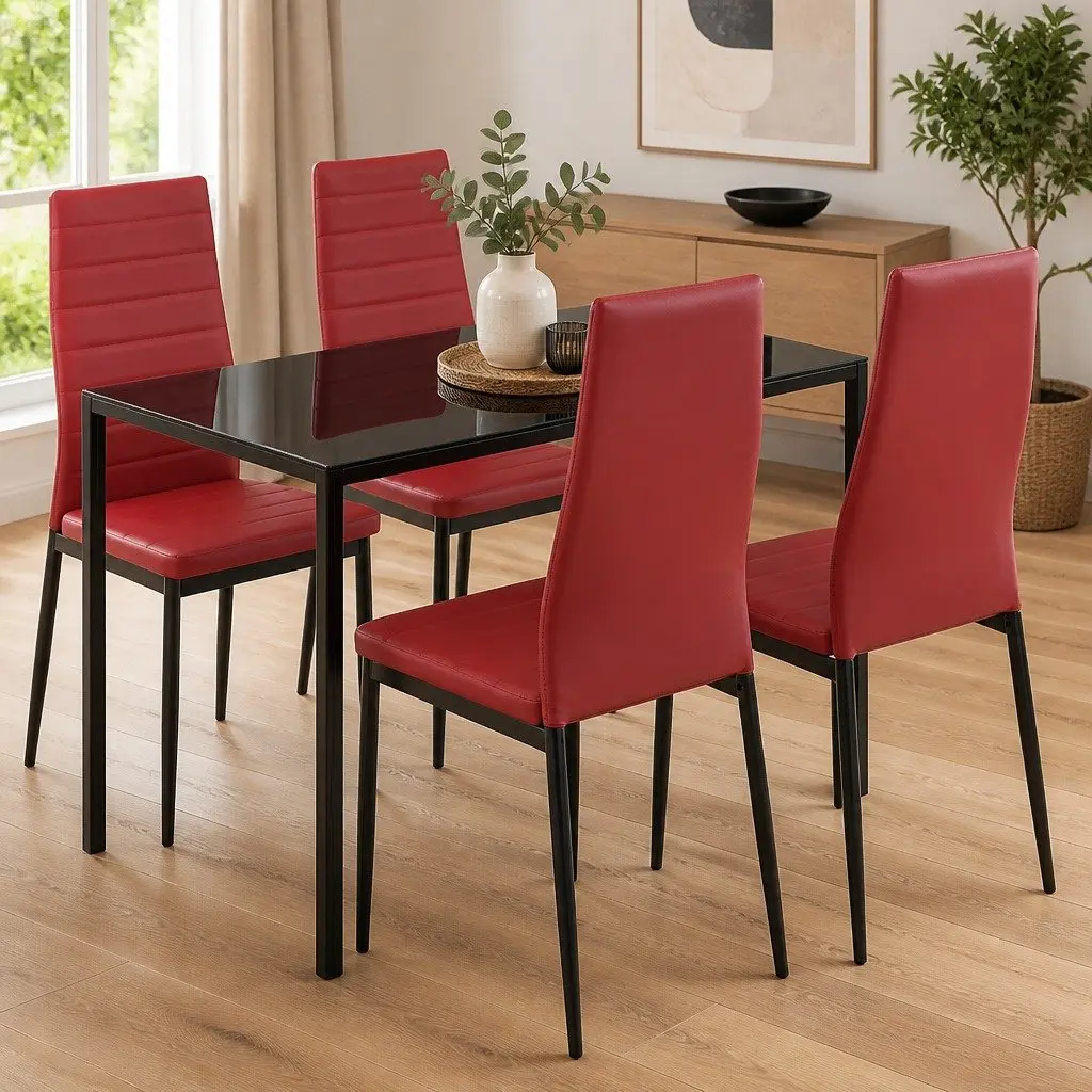 Five Piece Dining Set Modern Table Chairs Wine Red Tempered Glass Kitchen Room