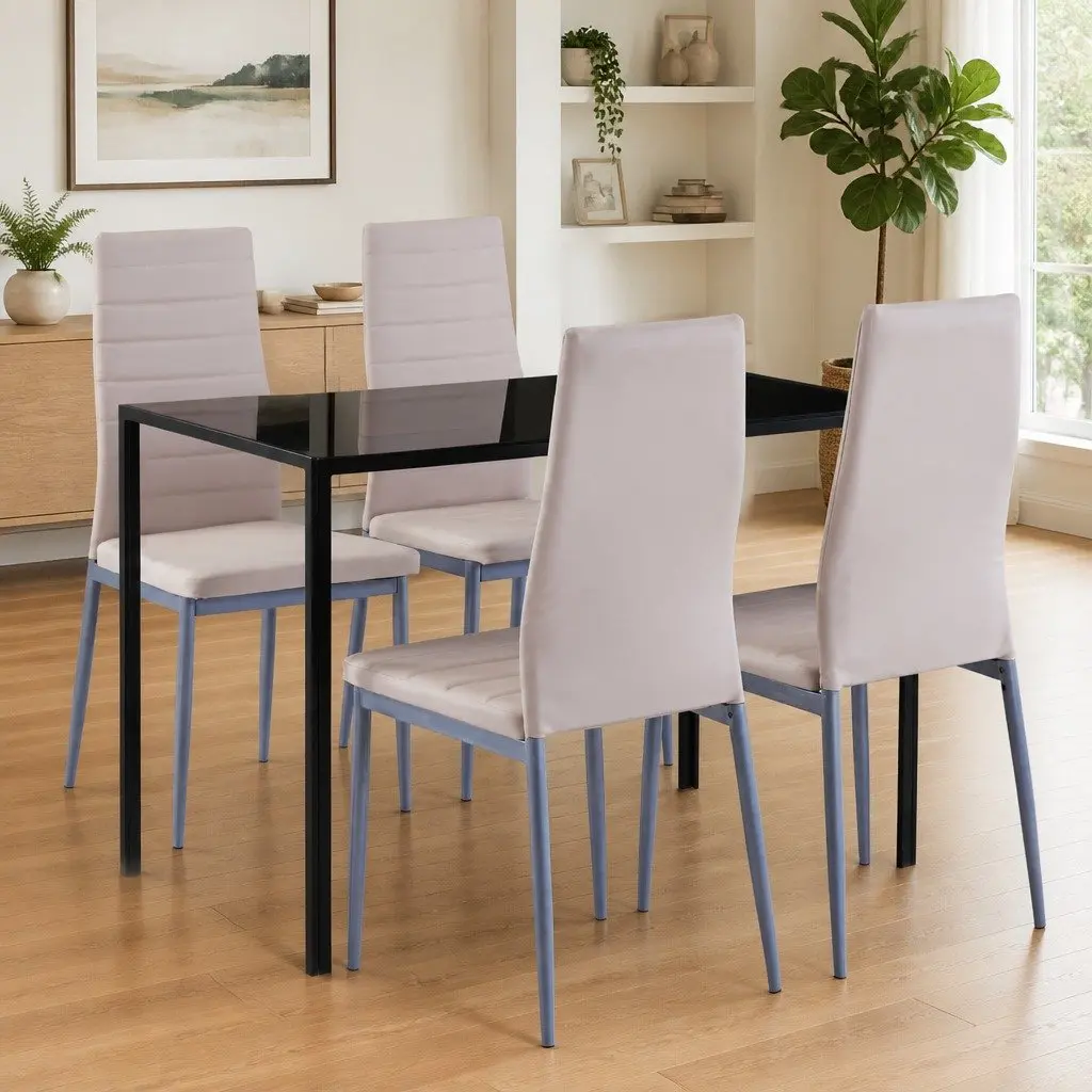 Kitchen Dining Set 5 Piece Glass Top Table 4 Beige Chairs