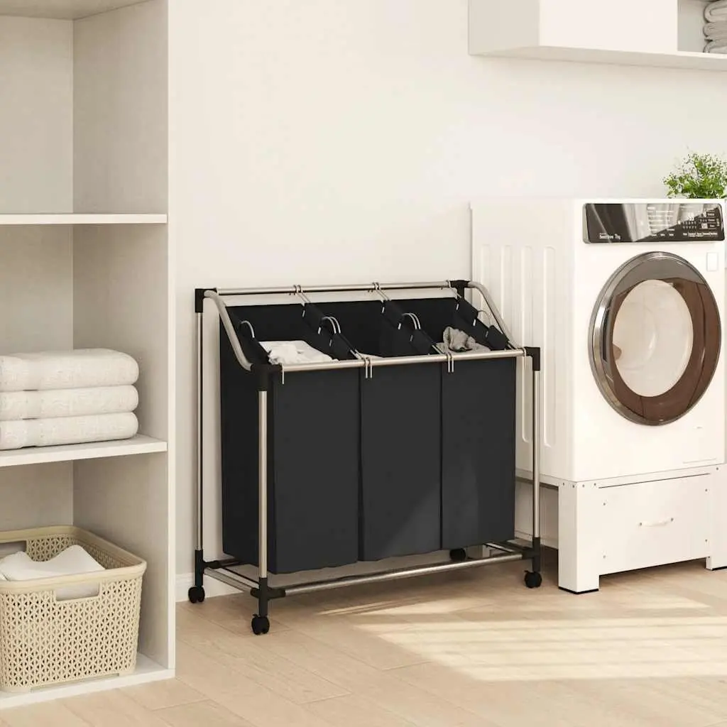 Laundry Sorter Black Steel Frame 3 Bags Utility Room Organizer